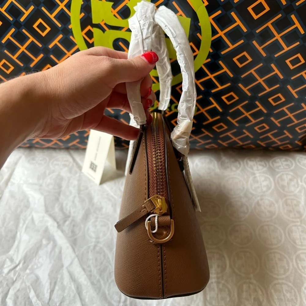Tory Burch Emerson Dome Satchel Crossbody Bag Top Handle Moose Gold Tan